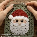 Green granny square panel with a red-hatted Santa applique, white scallop beard and small pompom
