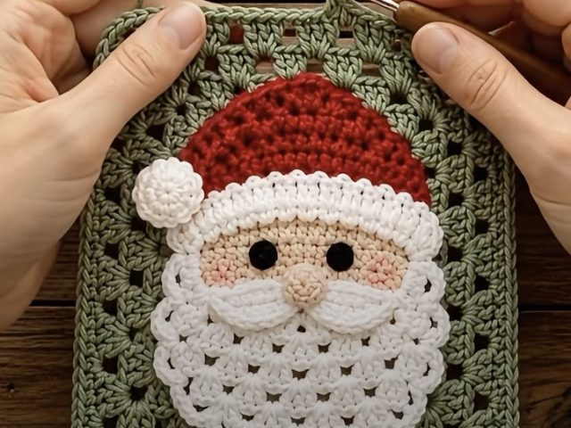 Green granny square panel with a red-hatted Santa applique, white scallop beard and small pompom