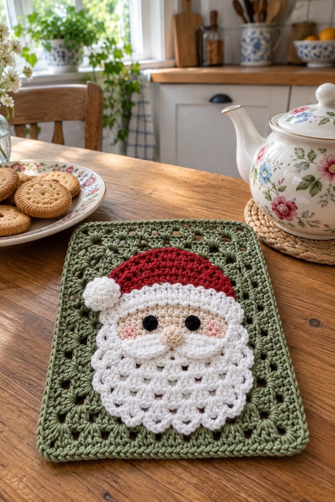 Green granny square panel with a red-hatted Santa applique, white scallop beard and small pompom