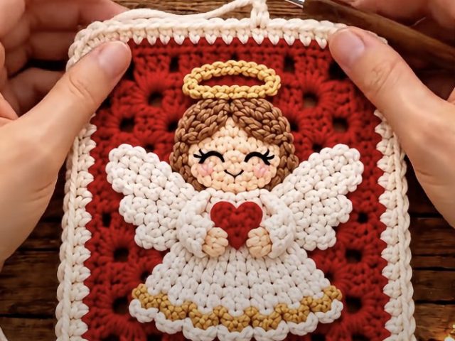 Red granny square with a white appliqued angel holding a red heart, gold halo and brown hair on wooden table