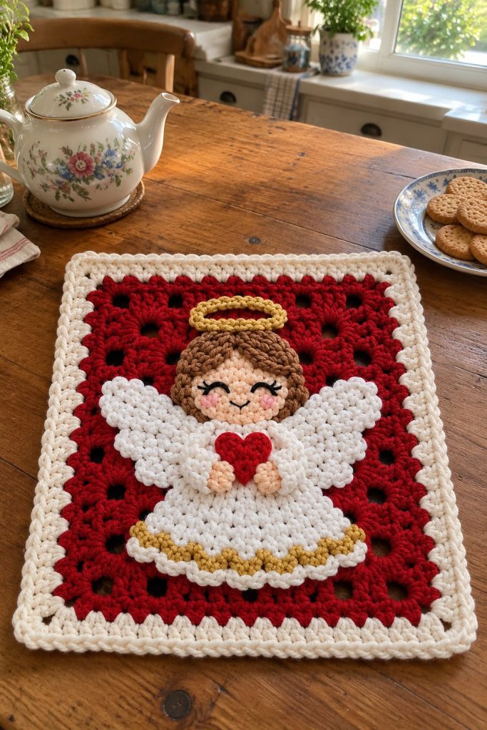 Red granny square with a white appliqued angel holding a red heart, gold halo and brown hair on wooden table
