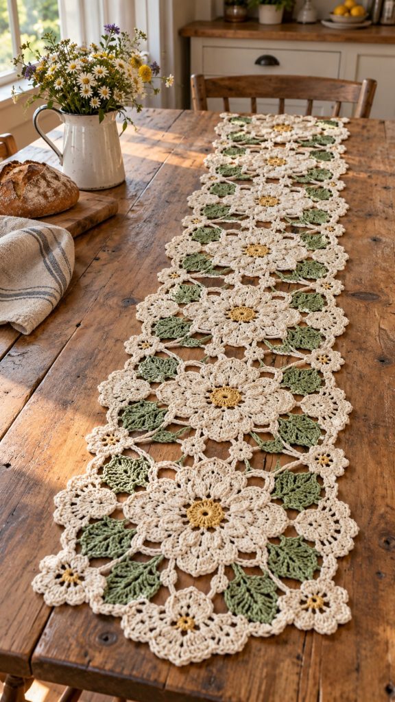 Cream floral crochet table runner with golden centers and sage leaves on a wooden table in sunlight