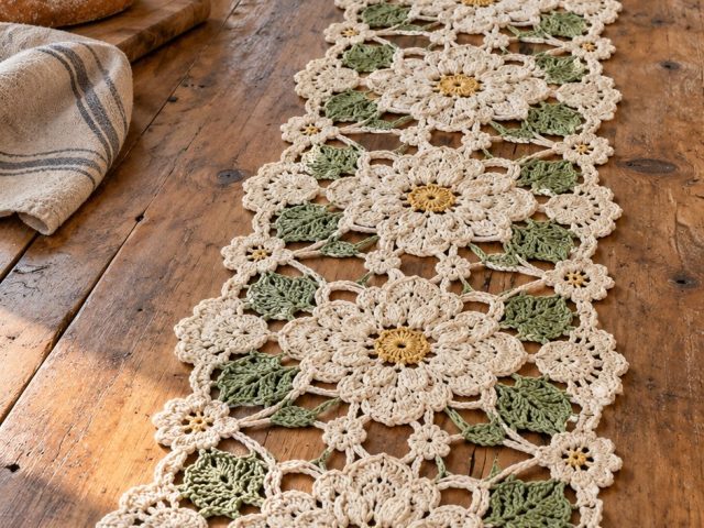 Cream floral crochet table runner with golden centers and sage leaves on a wooden table in sunlight