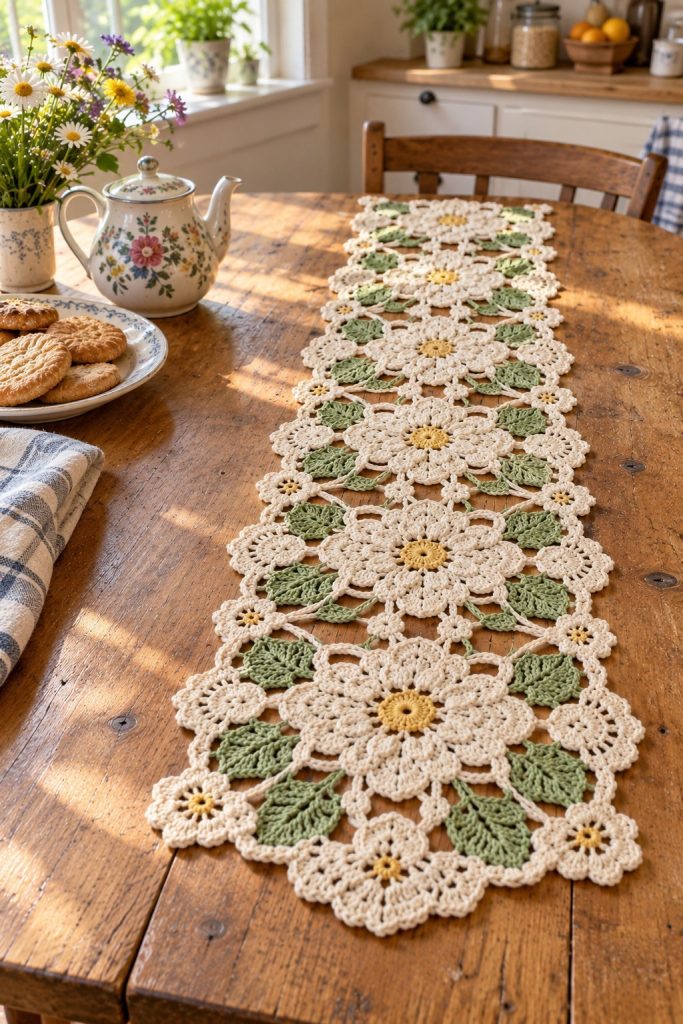 Cream floral crochet table runner with golden centers and sage leaves on a wooden table in sunlight