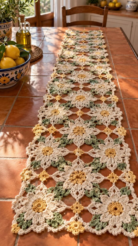 Cream and yellow daisy motif crochet table runner with sage green leaf clusters laid down a wooden table in sunlight