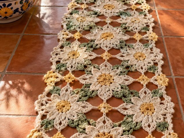 Cream and yellow daisy motif crochet table runner with sage green leaf clusters laid down a wooden table in sunlight