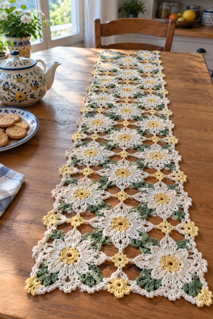 Cream and yellow daisy motif crochet table runner with sage green leaf clusters laid down a wooden table in sunlight