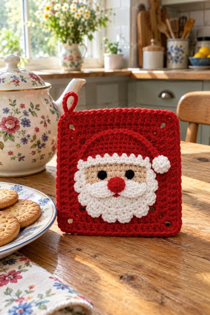 Red granny square with layered Santa face applique, white scalloped beard, red hat and pompom on wooden table