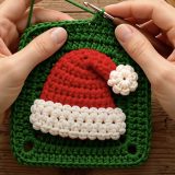 Green crochet granny-style square with a red Santa hat, white textured brim and small white pompom attached