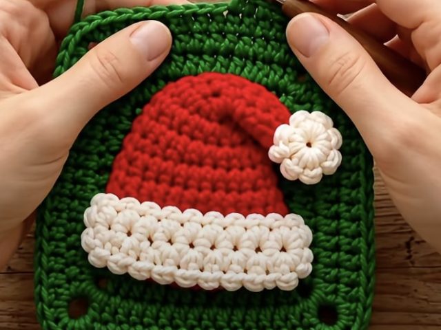 Green crochet granny-style square with a red Santa hat, white textured brim and small white pompom attached