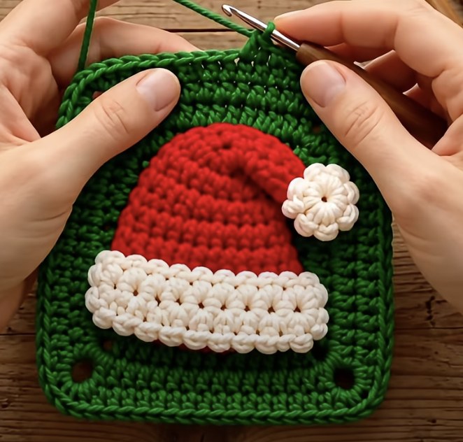 Green crochet granny-style square with a red Santa hat, white textured brim and small white pompom attached
