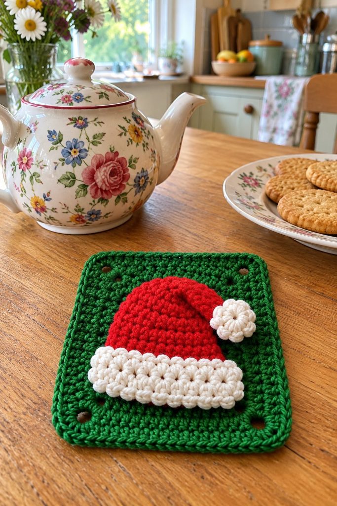 Green crochet granny-style square with a red Santa hat, white textured brim and small white pompom attached